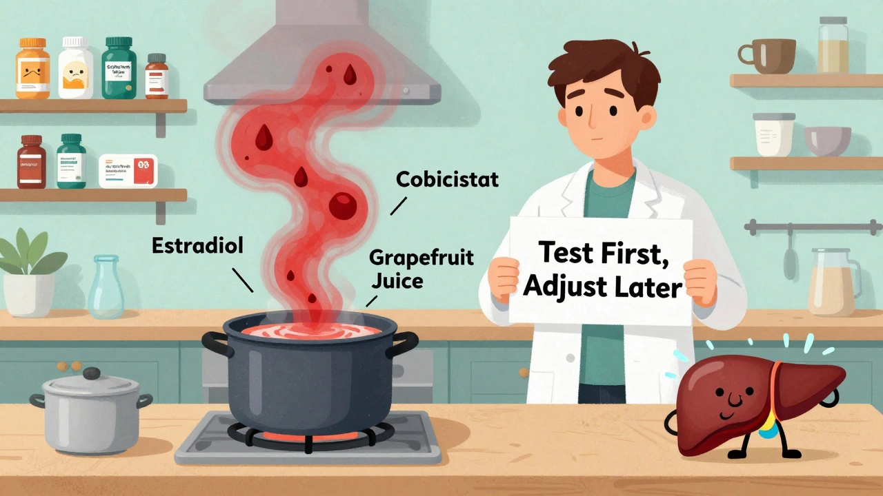 A surreal kitchen scene with hormone and drug ingredients causing a boiling warning pot.