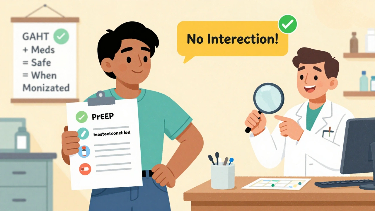A transgender person and pharmacist reviewing medication interactions with green checkmarks.