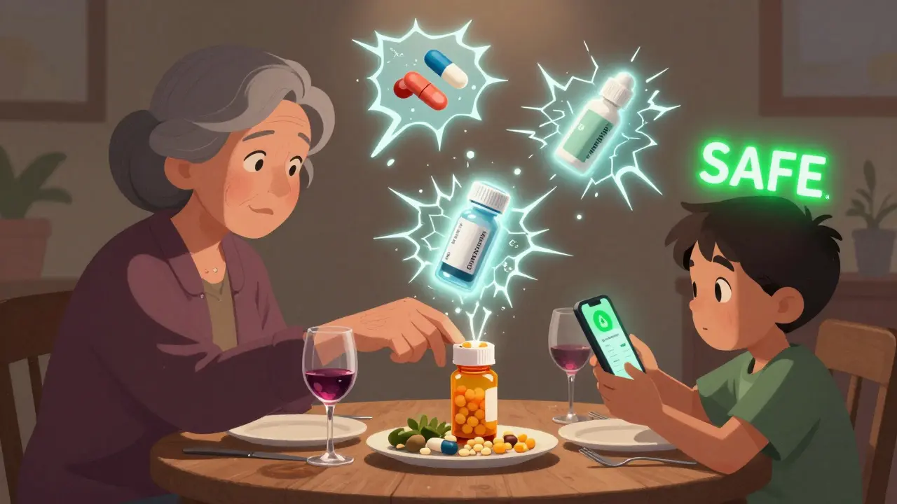 An elderly woman about to mix wine with pills, while invisible danger zones glow around her medications and her grandson scans the bottle with an app.