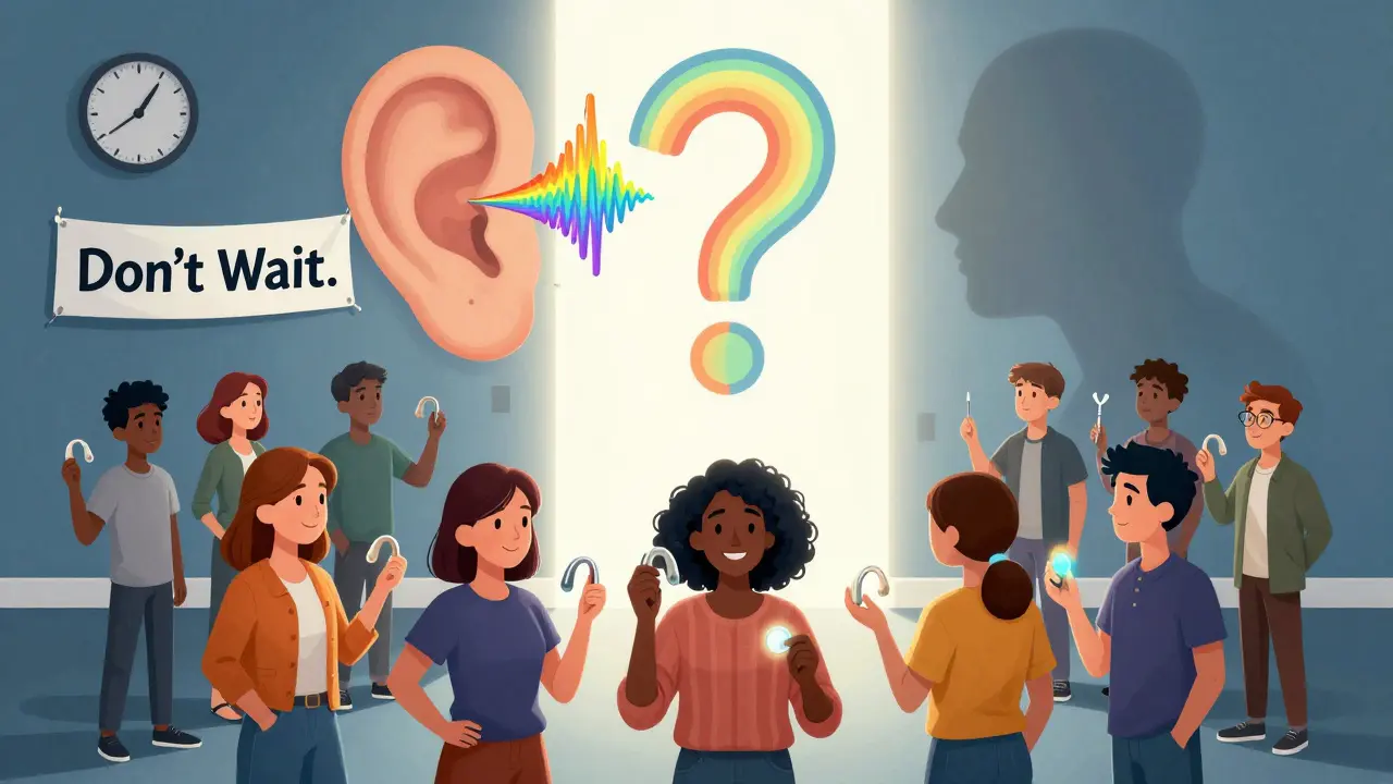 Diverse group holding treatment options as a question mark ear dissolves into sound waves and light.
