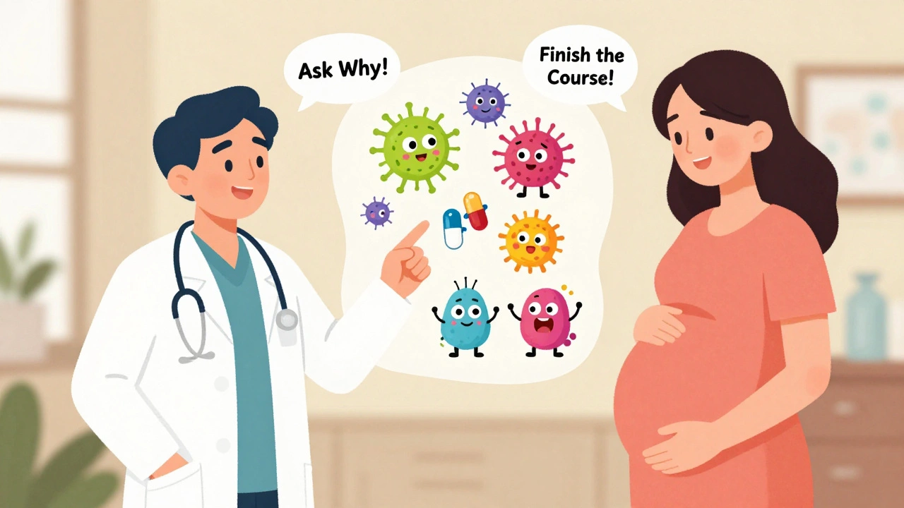 Doctor and patient discussing antibiotic safety with cartoon icons of bacteria and pills.