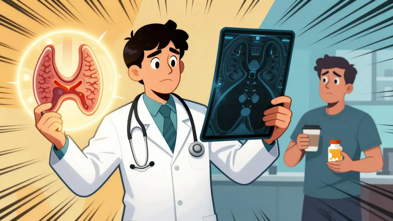 Doctor comparing two thyroid scans—one glowing, one dark—while patient holds coffee and pills in confusion.
