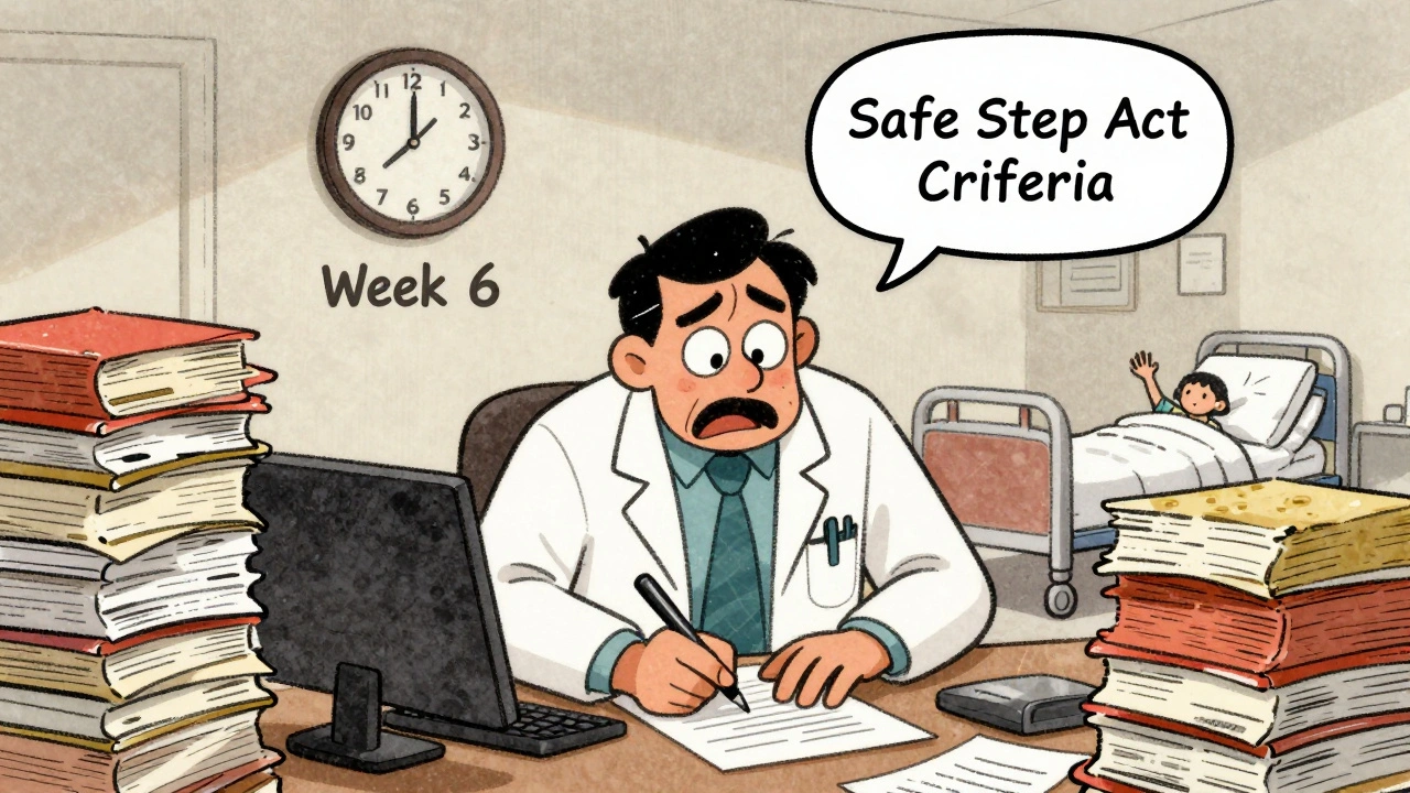 Doctor overwhelmed by medical records while patient waits in hospital, clock showing six-week delay.