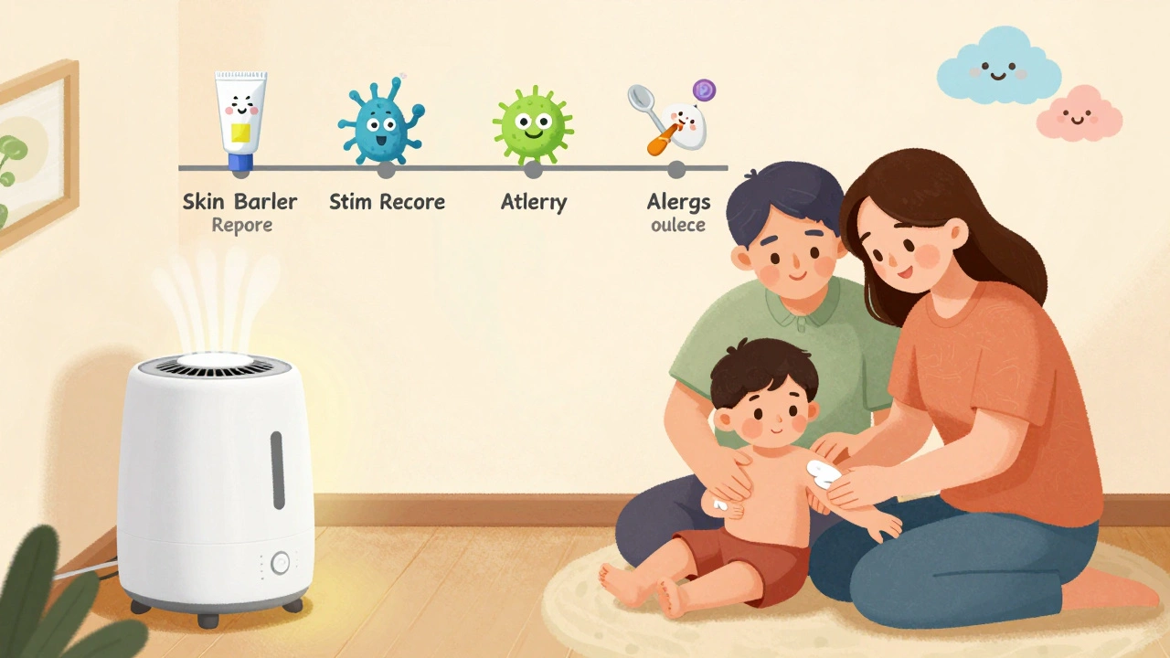 Family applying moisturizer to child, with gut bacteria and allergen introduction icons in background.