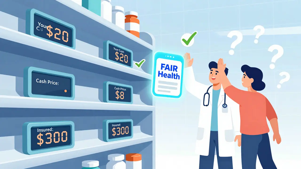 Floating price tags on pills with a doctor and patient celebrating a low out-of-pocket cost.