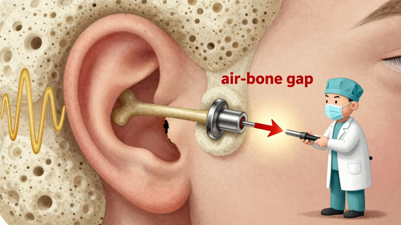 Magnified view of a locked stapes bone with sponge-like growth, and a surgeon inserting a titanium piston.