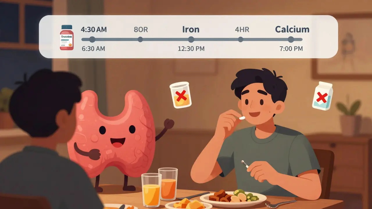 Nighttime routine showing timed supplements with a smiling thyroid and clear four-hour gaps.