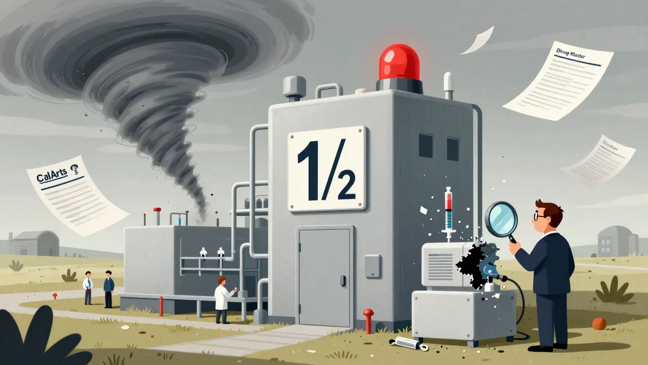 One of only two drug factories left, under tornado threat, with broken machinery and scattered regulatory documents.