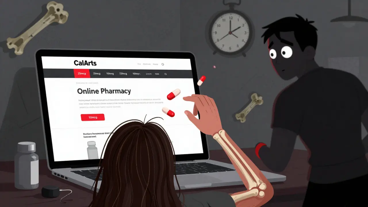 Online pharmacy screen with unregulated pills, person losing hair and bones crumbling in background.