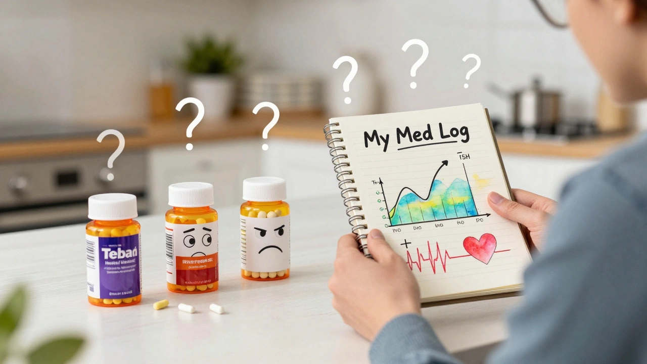 Patient with three generic pill bottles and a handwritten med log on a kitchen table.