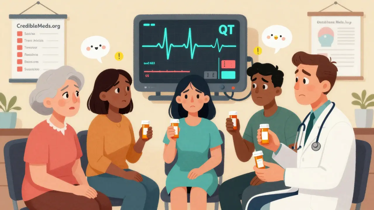 Patients in a doctor’s office with a giant ECG monitor showing dangerous heart rhythm warnings.