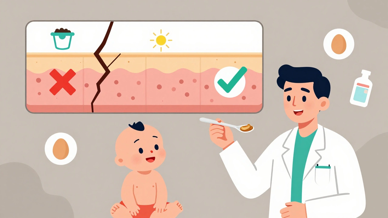 Pediatrician feeding peanut butter to baby, with visual comparison of skin vs. mouth allergen exposure.