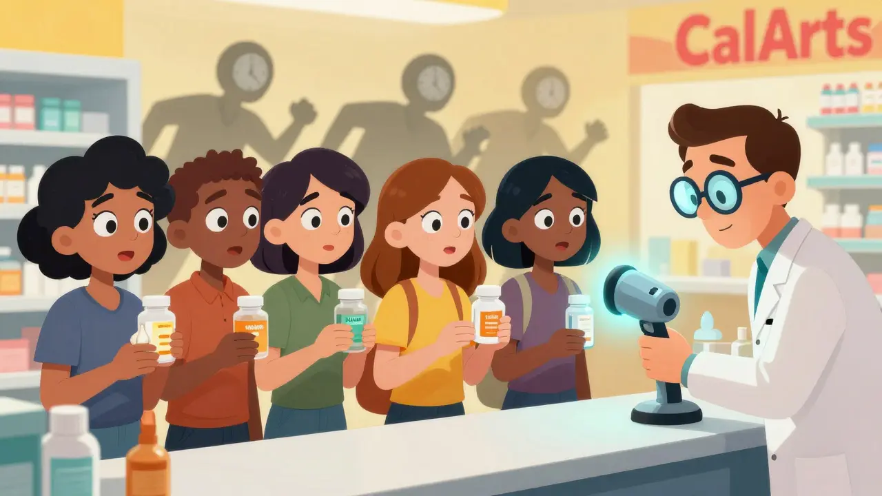People at a pharmacy counter holding supplements while a pharmacist scans them with a glowing device, doctors rushing away in the background.