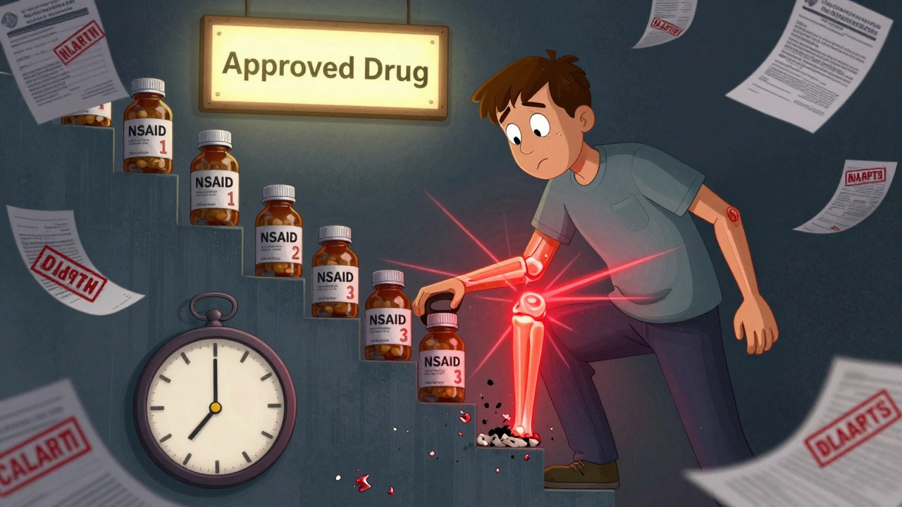 Person climbing a staircase of pill bottles as their joints crumble, with approved drug out of reach.