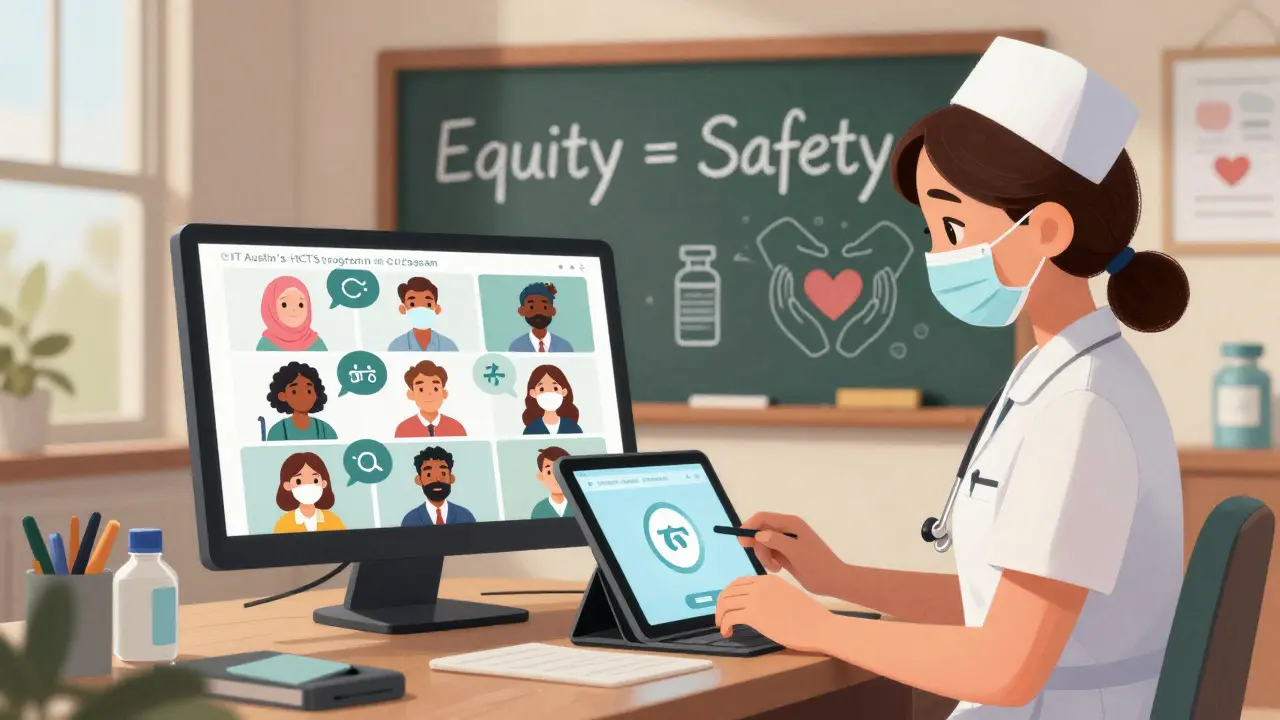 Rural nurse participating in a virtual communication course with culturally diverse patient avatars on screen.