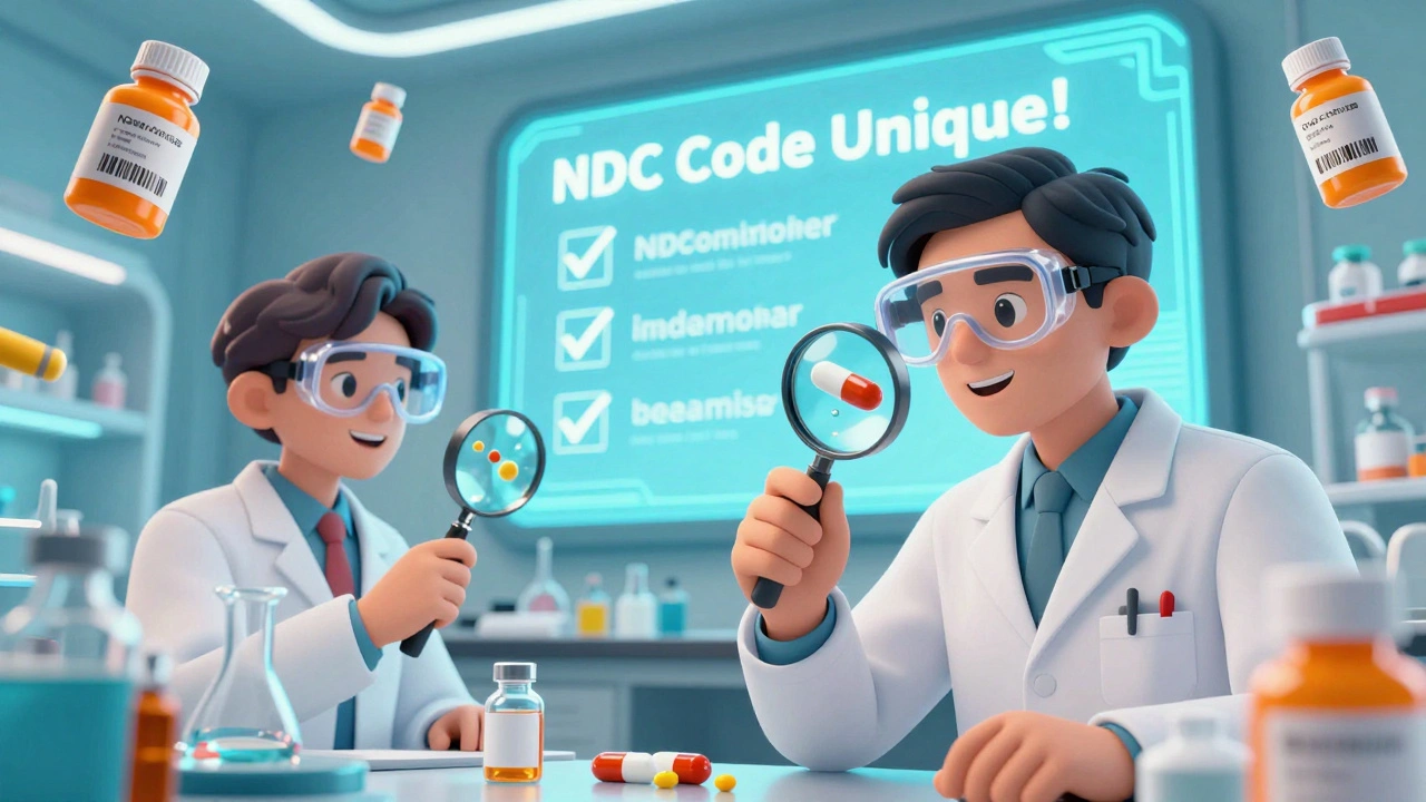 Scientists in a futuristic lab analyzing generic pills with unique NDC codes on a digital screen.