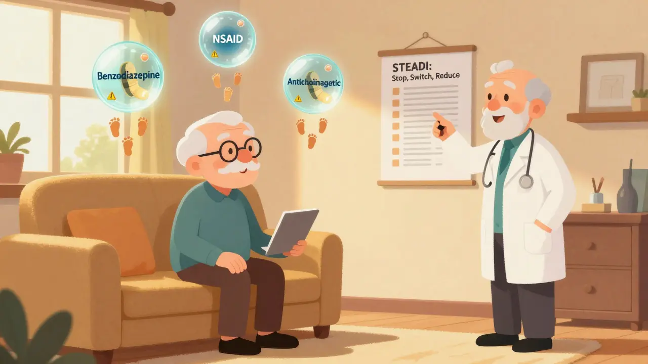 Senior in living room with floating dangerous pills and falling footprints, geriatrician pointing to a safety checklist.