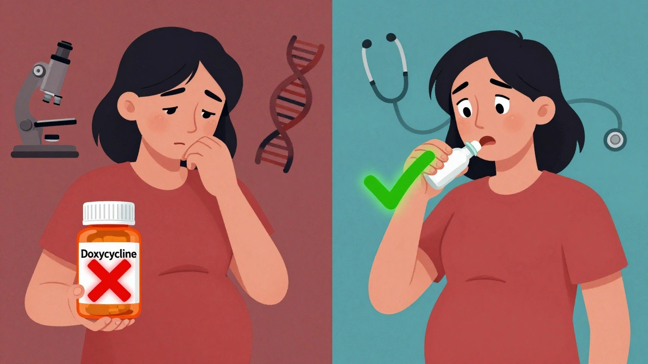 Split image showing safe antibiotic on one side and dangerous one with red X on the other.