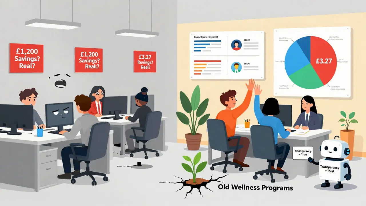 Split scene: chaotic old wellness program vs. vibrant, data-driven, transparent wellness culture.