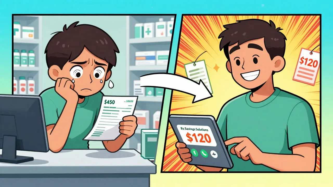 Split scene: person shocked by high pharmacy bill vs. smiling after using a savings tool.