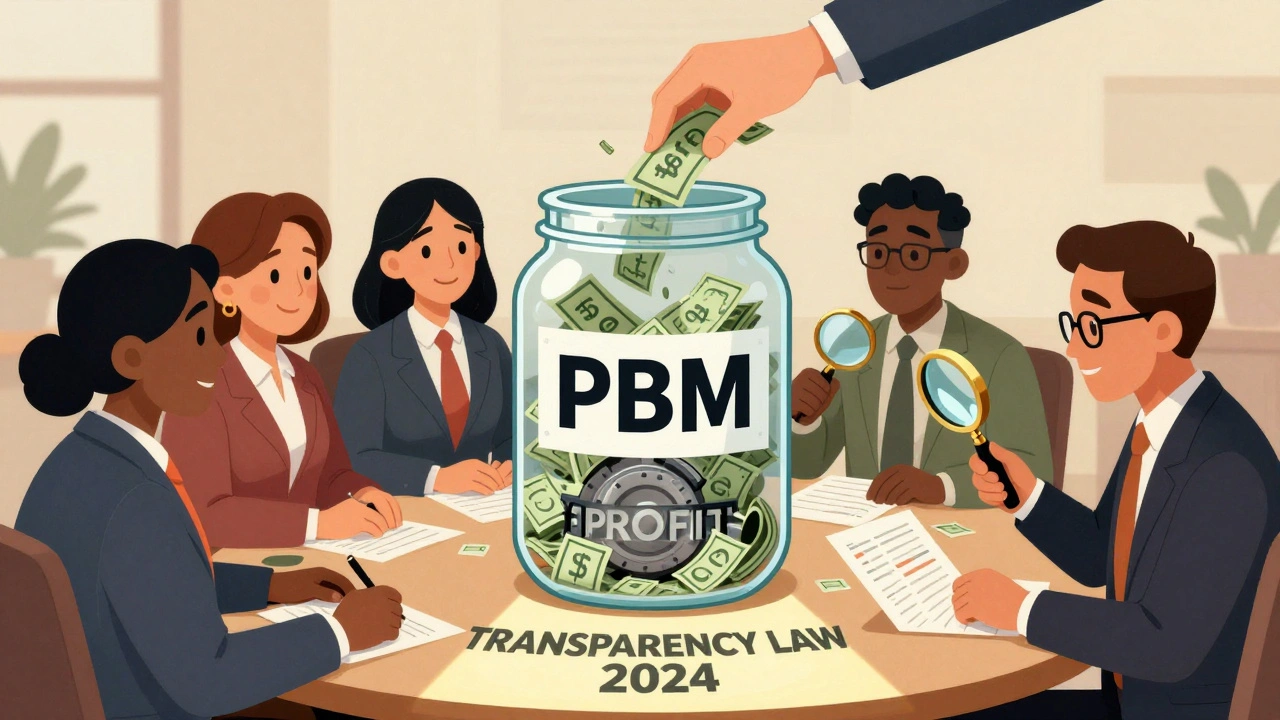 State officials at a table with a transparent PBM jar siphoning profits, illuminated by a transparency law spotlight.