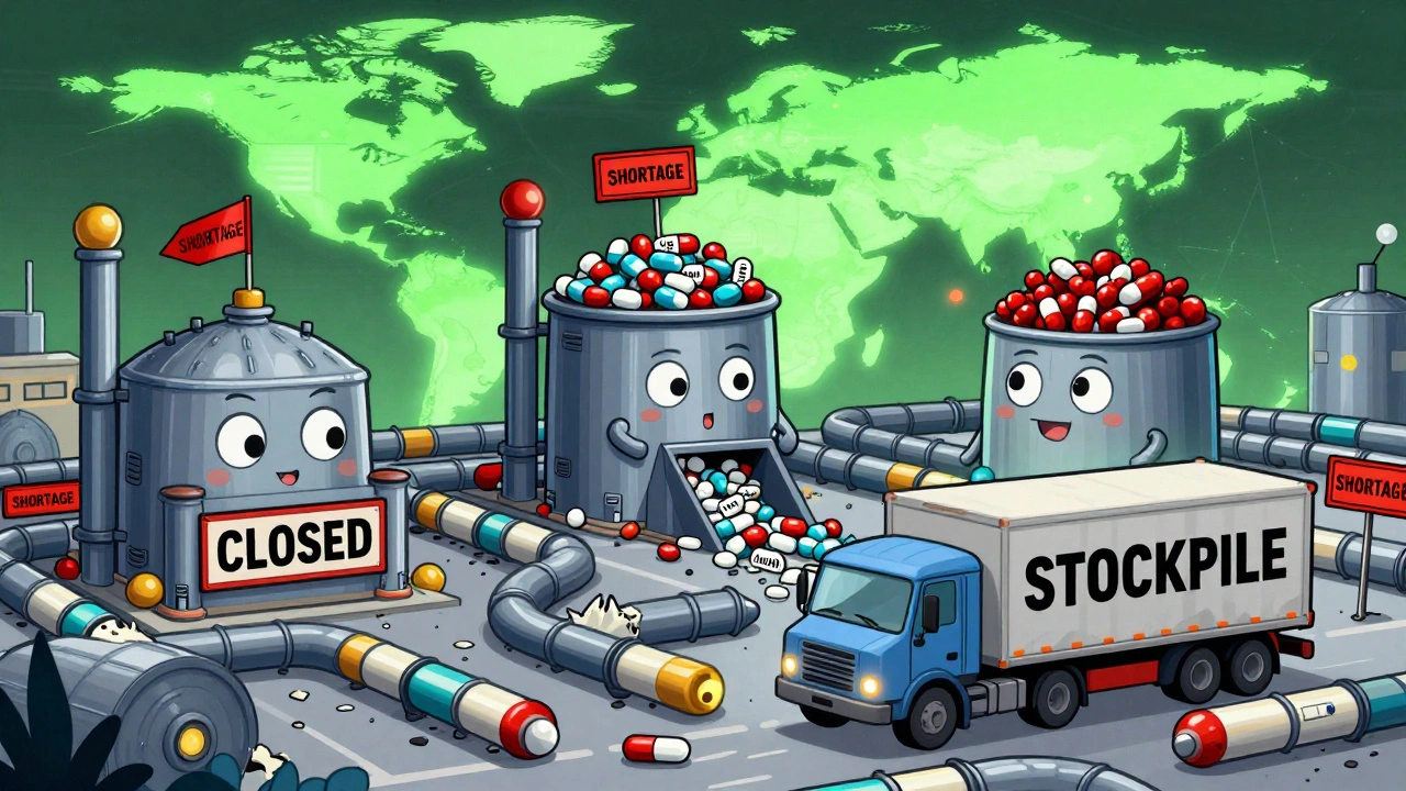 Three factories in a supply chain maze, one closed, one overflowing, with a stockpile truck navigating shortages.