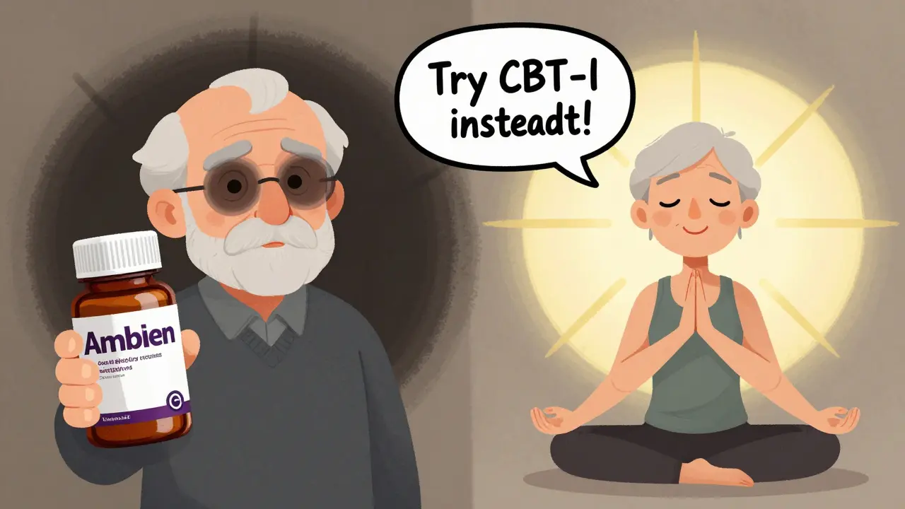 Two seniors side by side: one unsteady on sleep meds, the other calm doing yoga, with a pharmacist suggesting therapy.