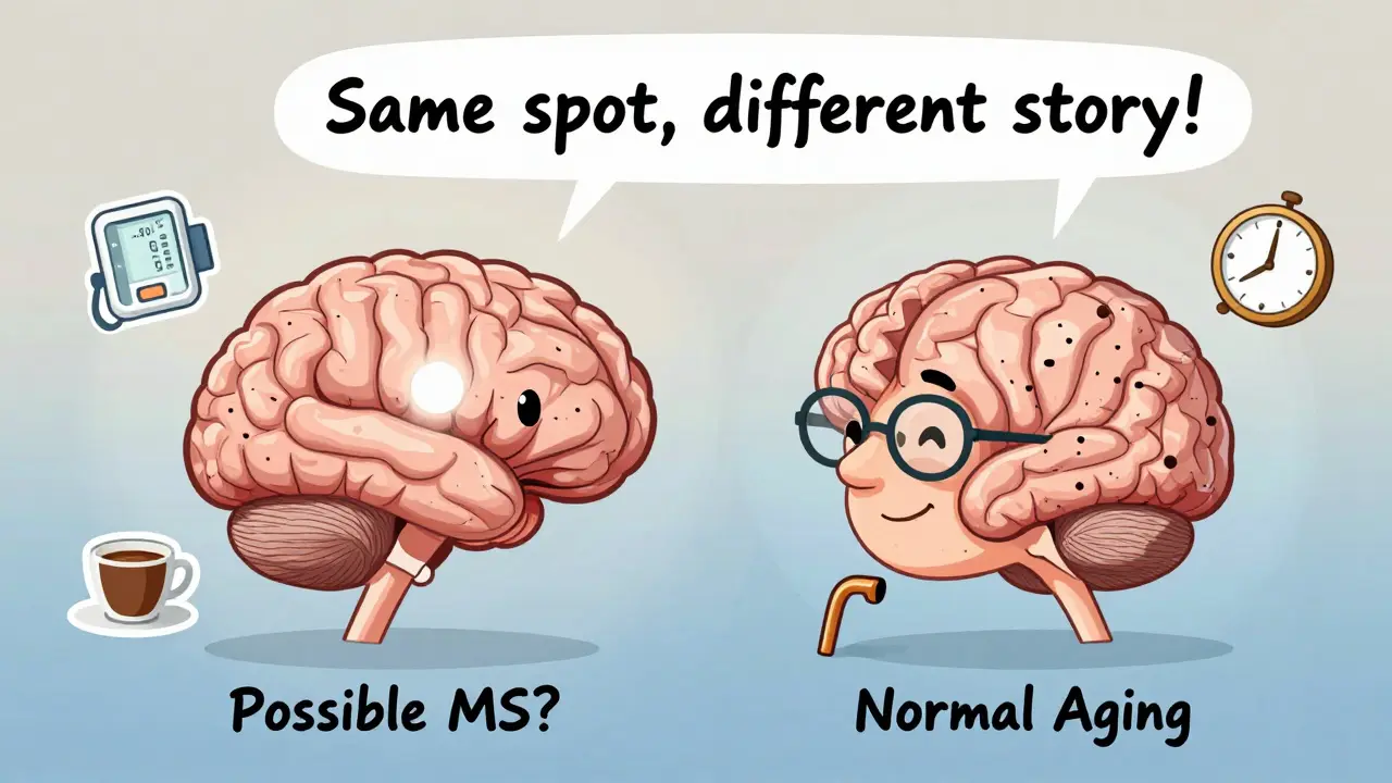 Two smiling brains side by side, one young with one lesion, one old with many, showing aging vs. disease.