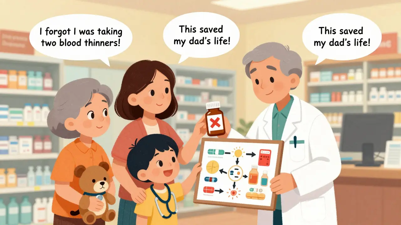 A family and pharmacist use a visual medication map to clarify drug use in a community pharmacy.
