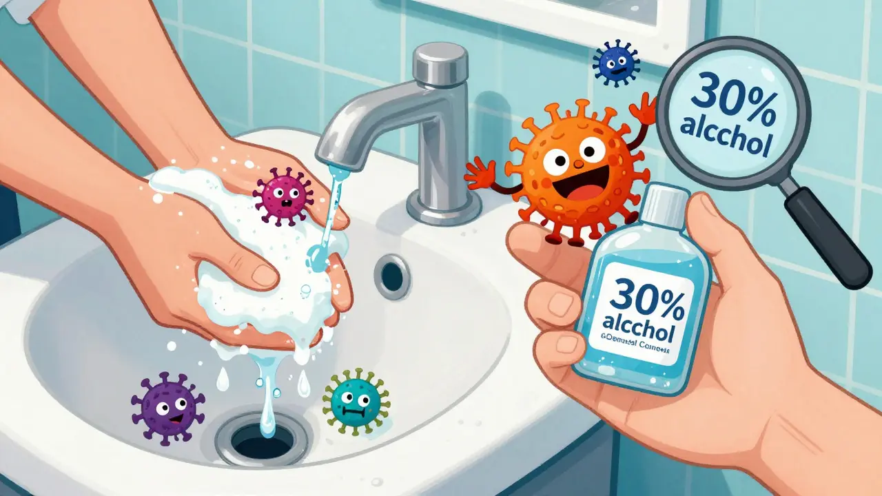 A hand being washed with soap removes germs, while hand sanitizer with low alcohol fails to kill them.