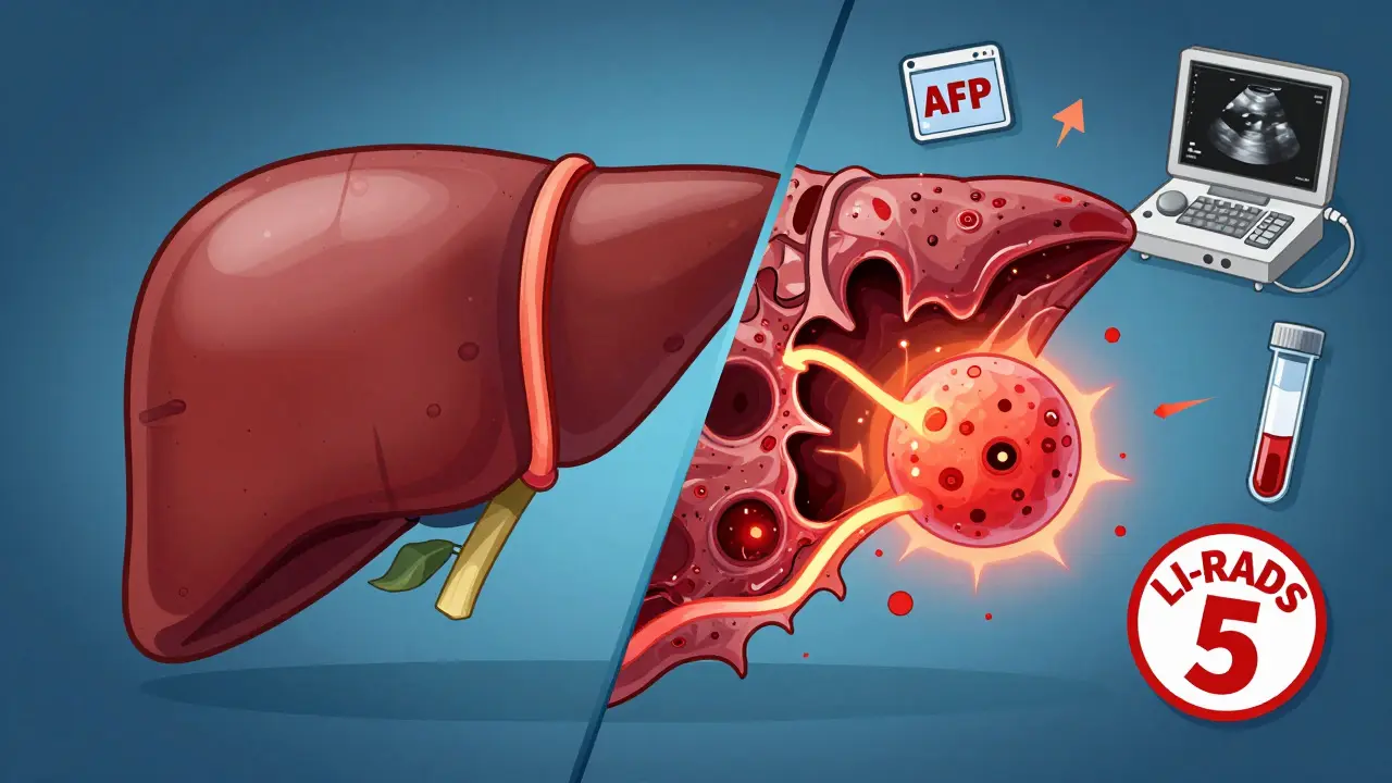 A healthy liver contrasts with a scarred, tumor-filled cirrhotic liver, with medical icons floating around.
