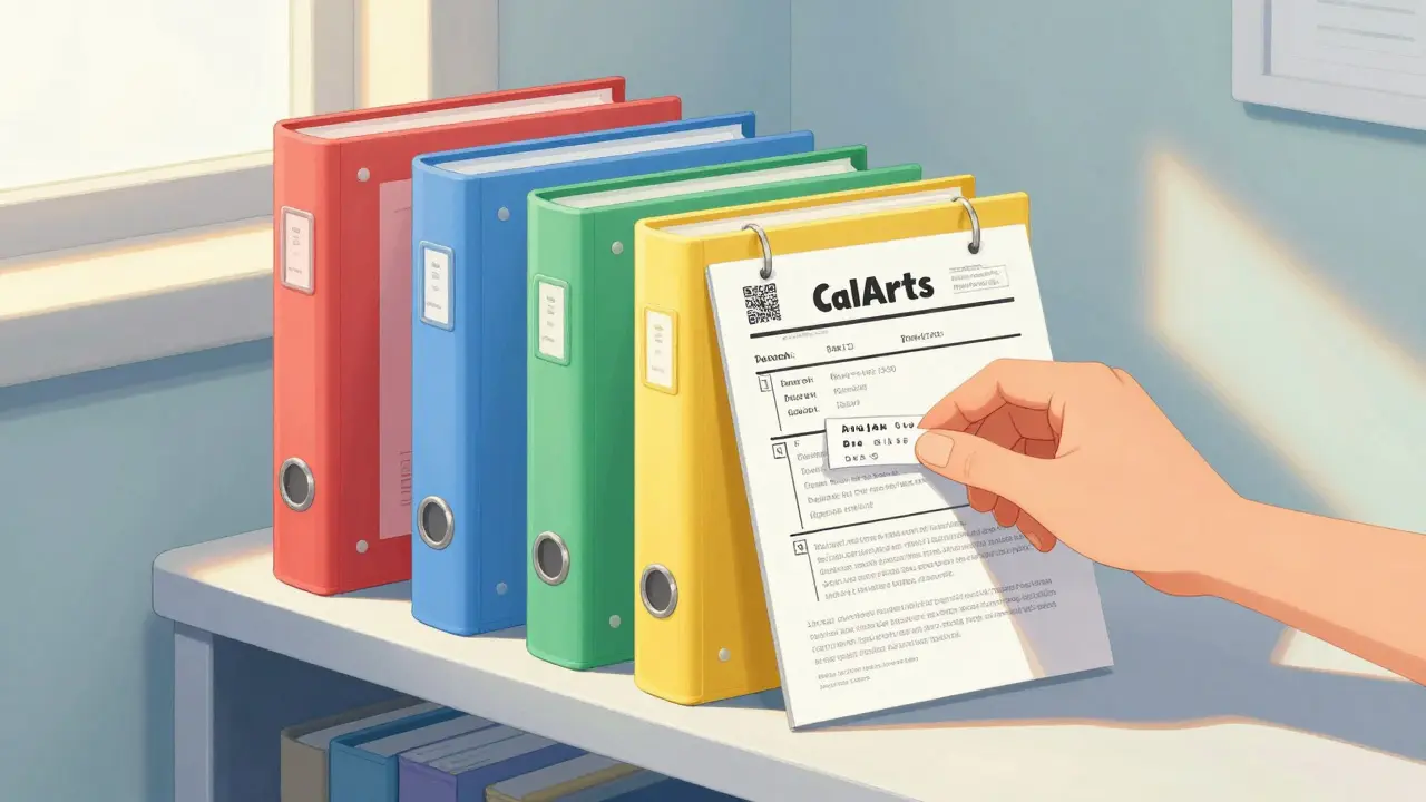 A neatly organized binder with color-coded sleeves holding prescription labels and leaflets on a shelf.