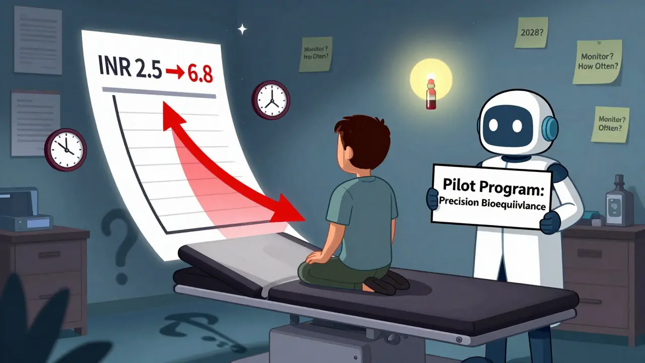A patient on a doctor's table is surrounded by rapid-fire blood test clocks and a hopeful FDA pilot program sign.