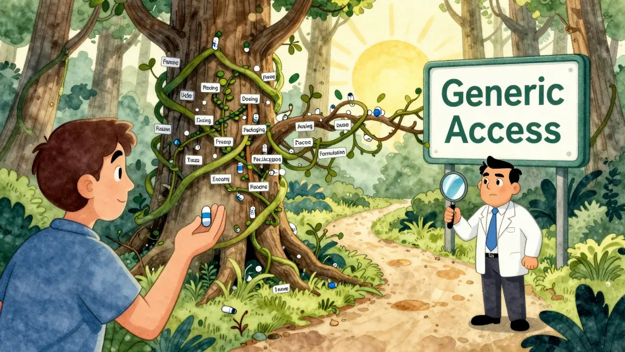 A patient stands before a tangled forest of patents blocking access to affordable generics, with an inspector cutting through.