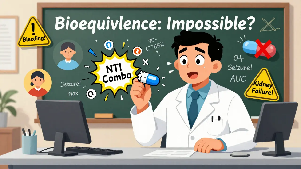 A pharmacist watches as a cracked NTI combo pill explodes with bioequivalence numbers, surrounded by patient warning signs.