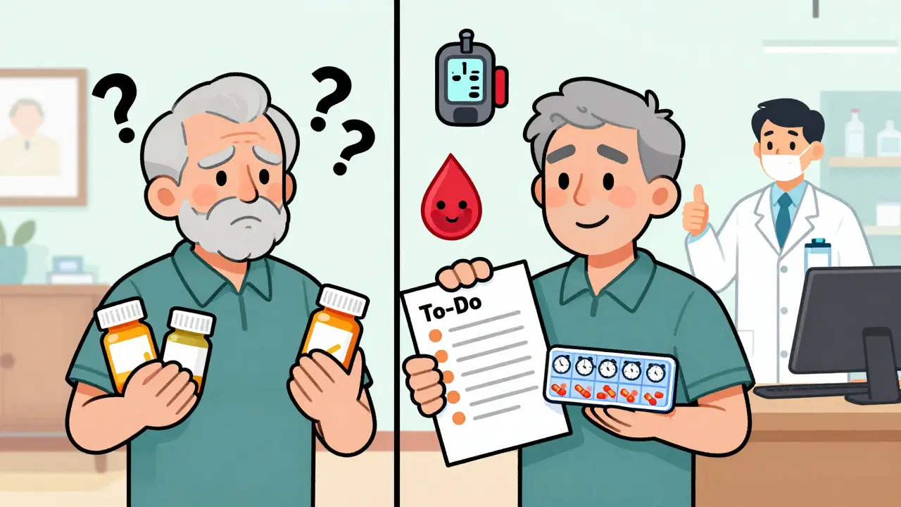 A senior transitions from confusion to confidence with help from a pharmacist and pill organizer.