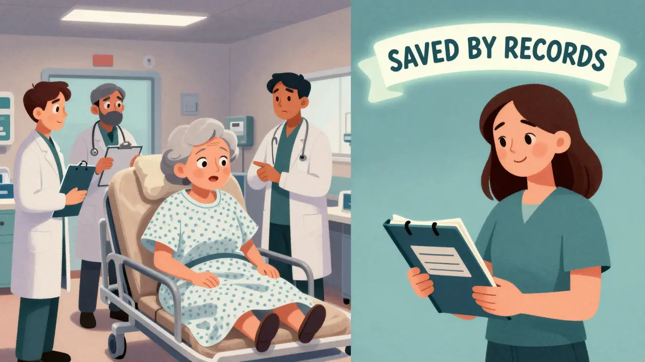 A woman in a hospital being helped by her daughter who presents a medication binder to doctors.