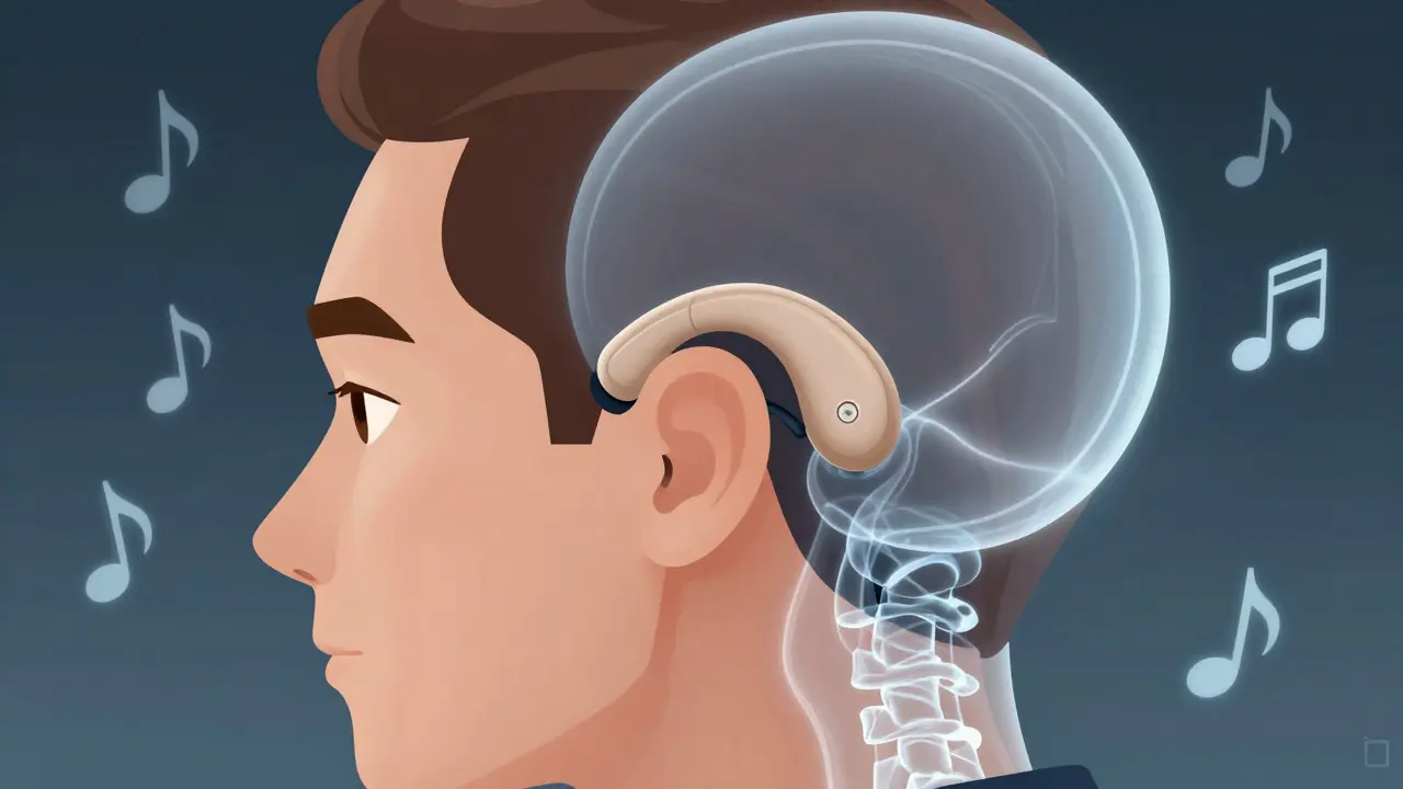 Adult with invisible bone-conduction device behind ear, vibrations shown as glowing path through skull to inner ear.