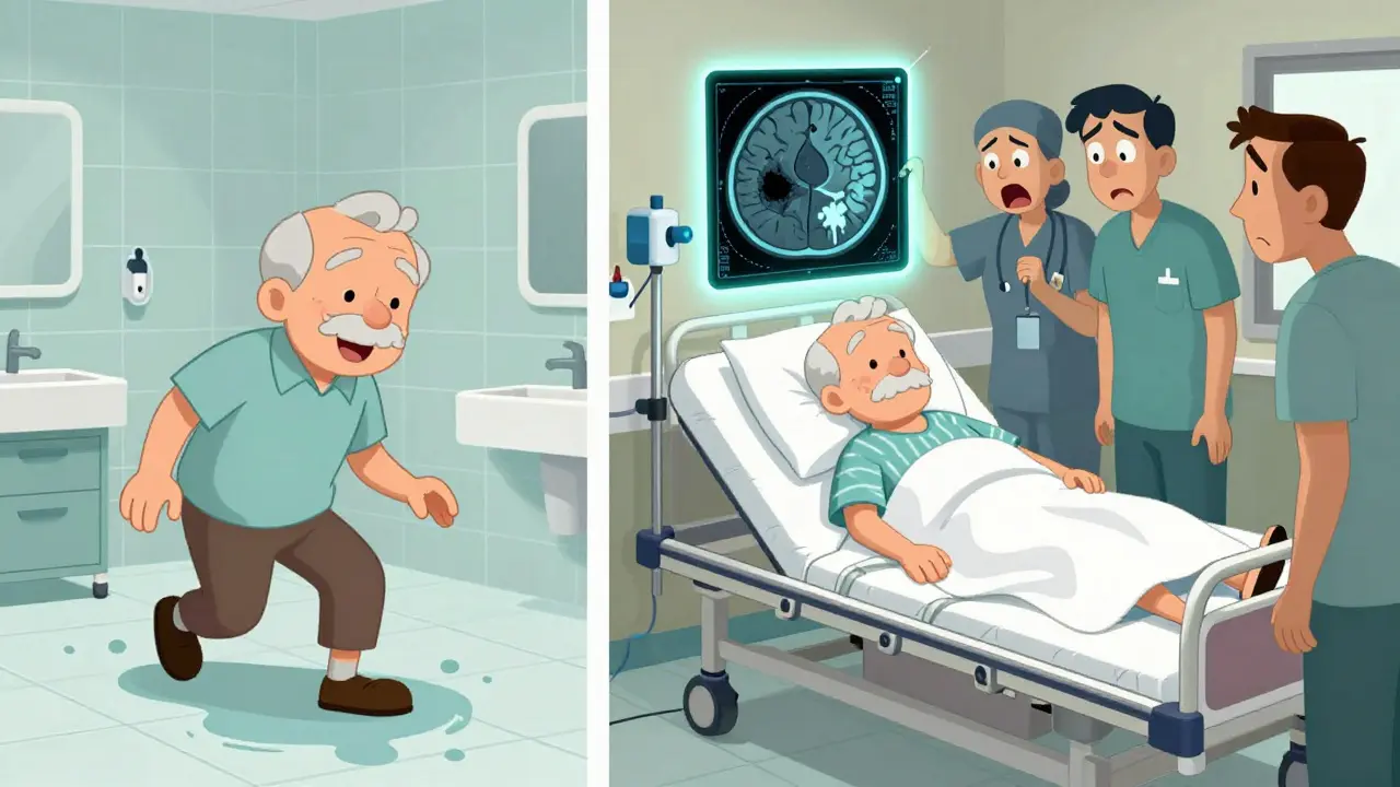 An elderly person slipping on a wet floor, then in an ER bed with a brain CT scan showing bleeding.
