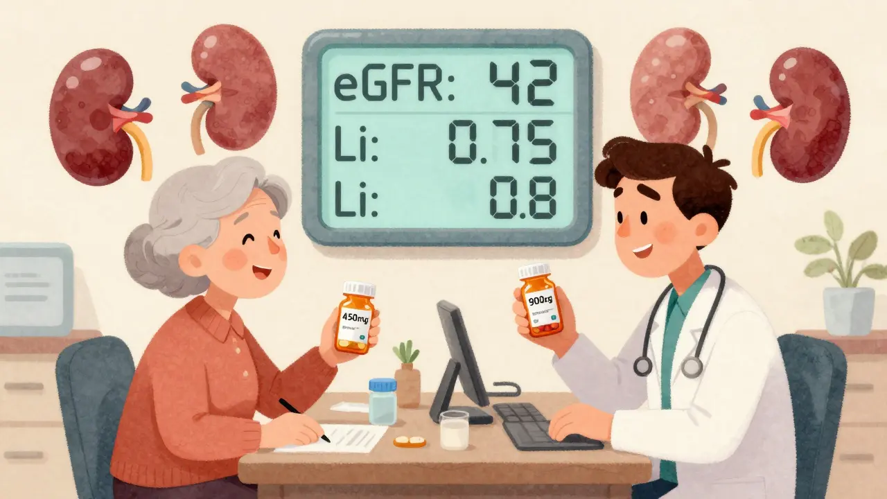 An elderly woman and young man on a doctor’s desk with floating organs and dosage numbers, showing how age affects lithium metabolism.