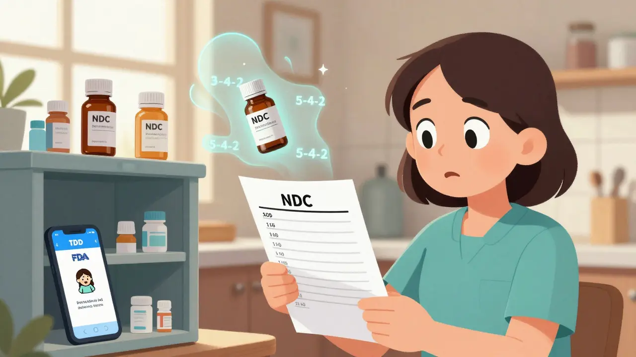 Caregiver checking NDC list next to medicine cabinet, floating 11-digit billing codes, FDA app on phone showing correct match.