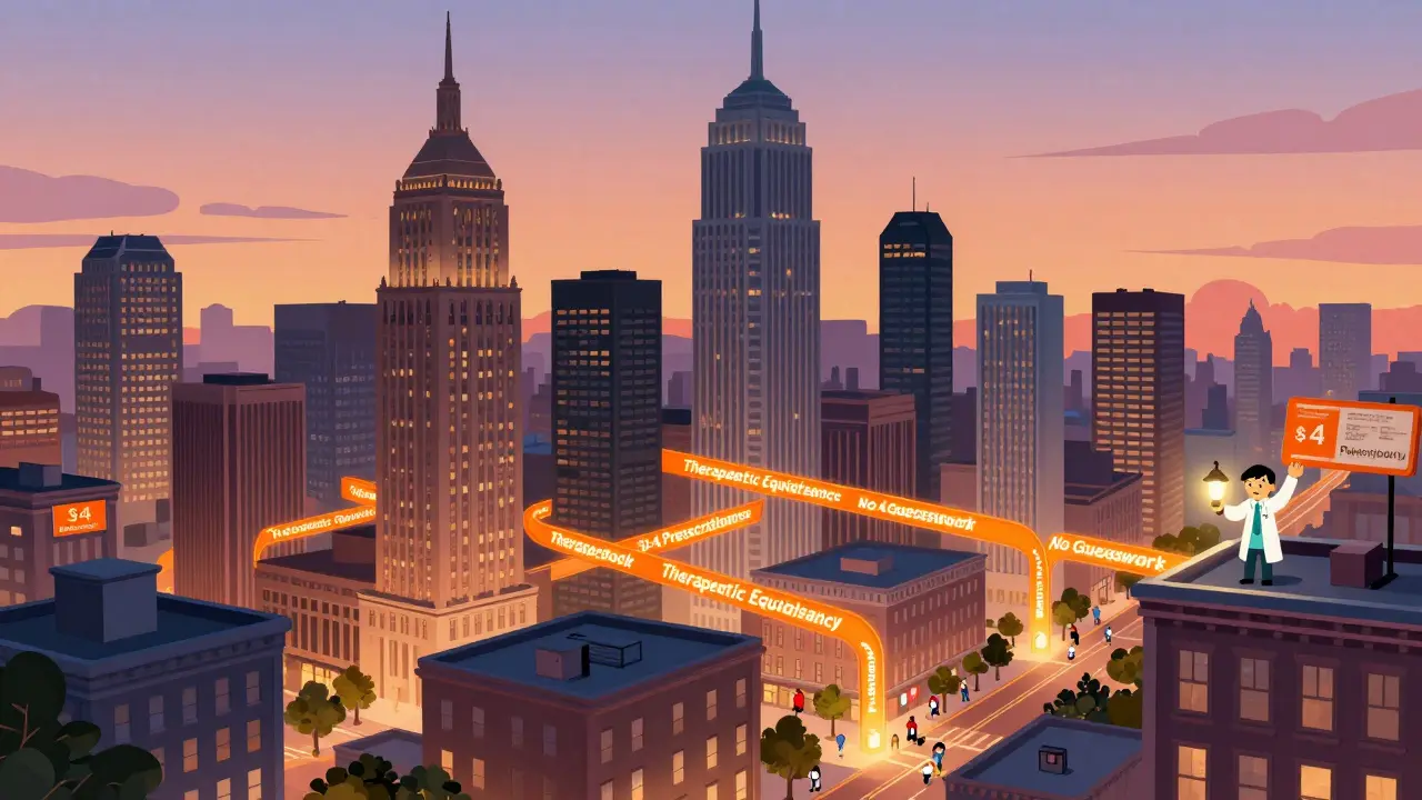 City skyline with drug buildings connected by orange pathways, pharmacist holding the Orange Book like a lantern.