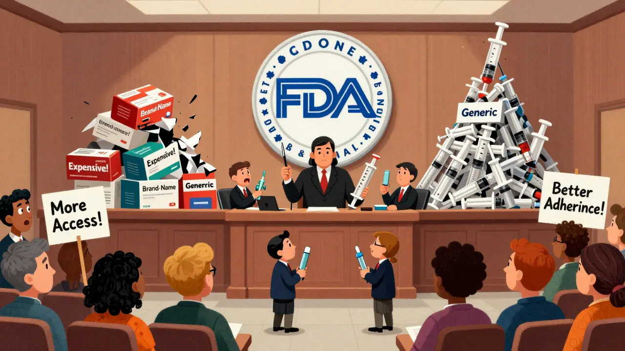 Courtroom with FDA judge overseeing brand vs generic antibiotic syringes