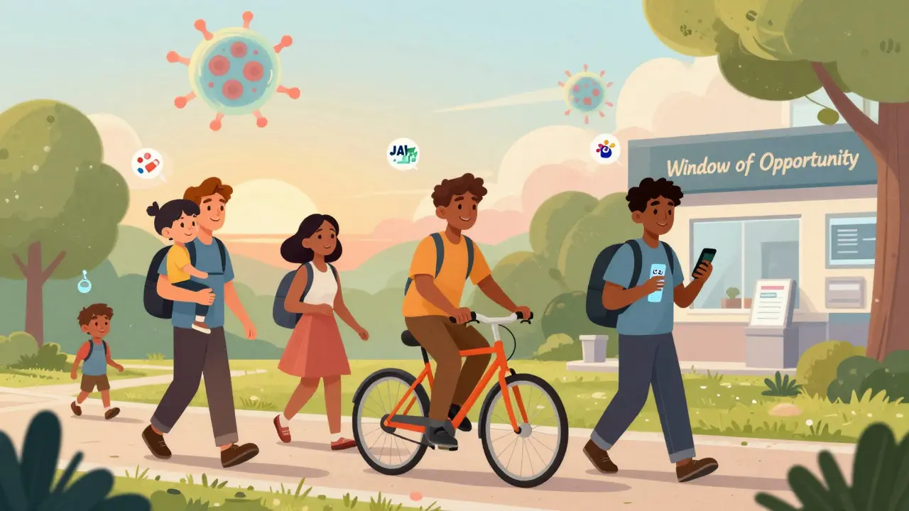 Diverse individuals enjoying daily activities in a park, surrounded by floating medical icons and protective satellites, under a warm sunset sky.