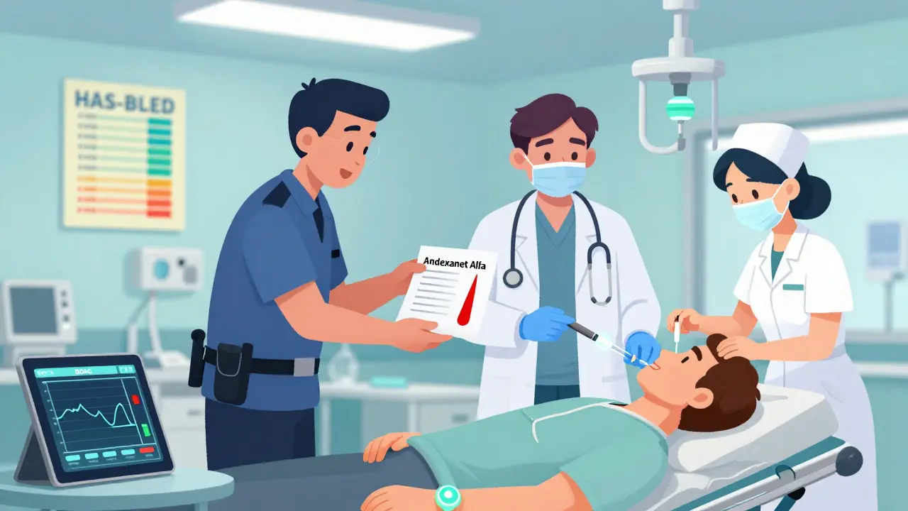 Emergency room staff administering reversal agent to patient on blood thinner, with real-time drug level monitor.