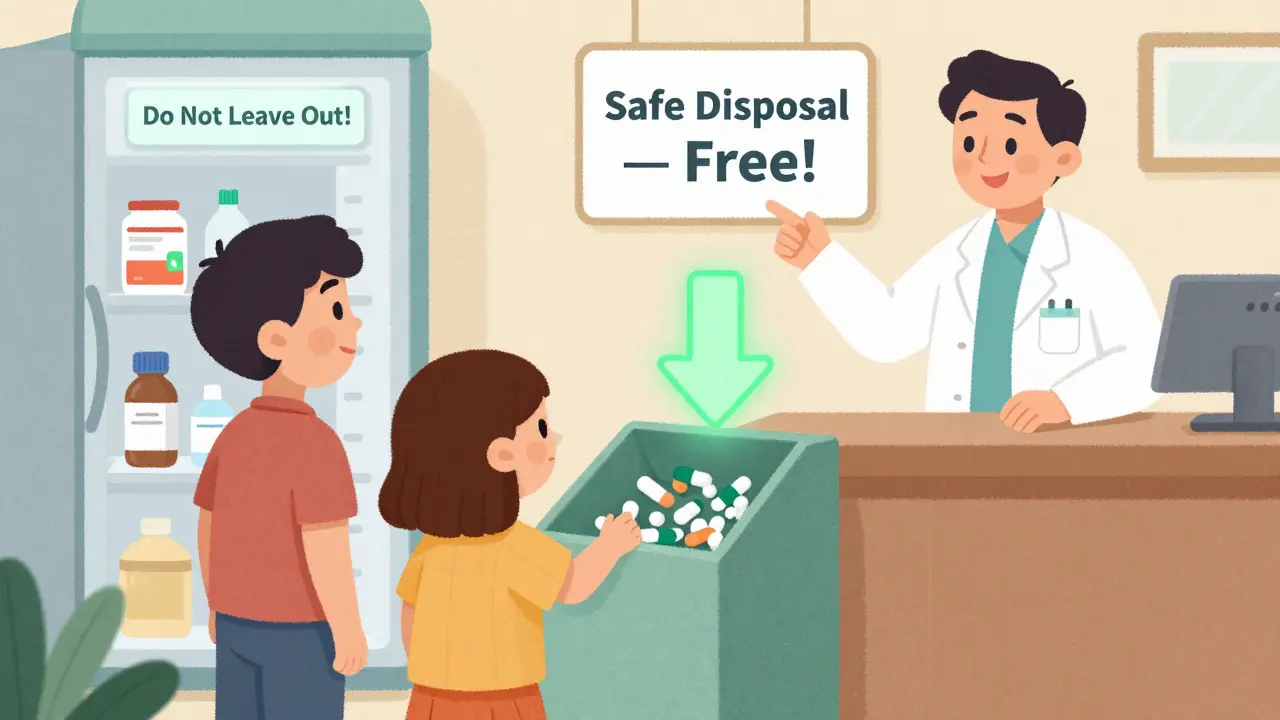 Family disposing of expired meds at pharmacy drop box, pharmacist points to safe disposal sign, child stores liquid in fridge.