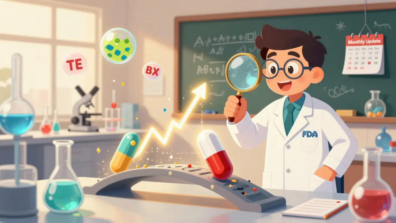 FDA scientist using a magnifying glass over two pills with a glowing bioequivalence graph between them.