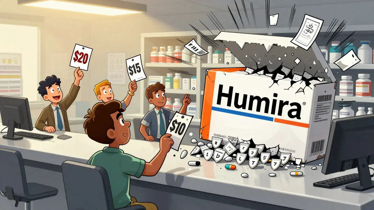 Five generic drug companies compete to offer lower prices at a pharmacy counter, while a branded drug box cracks open.