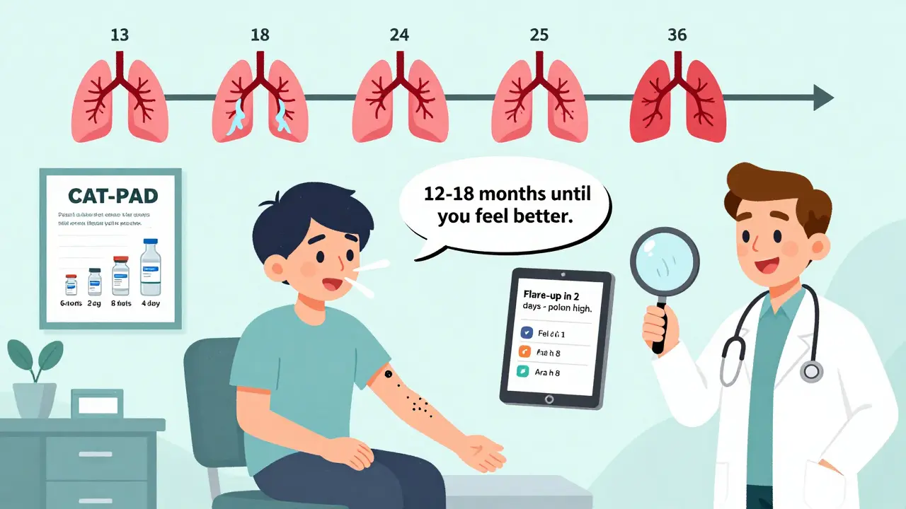 Patient getting allergy shots with timeline showing improved lungs, AI health tablet, and vaccine vials labeled with allergen proteins.
