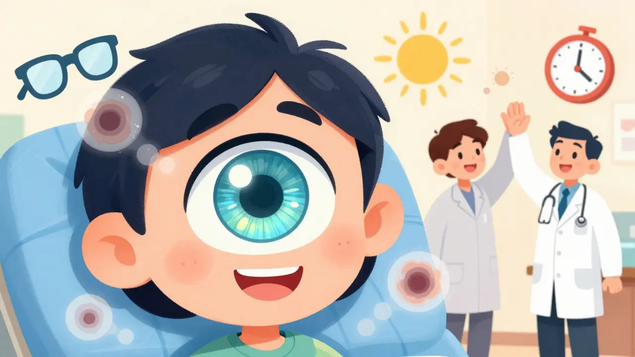 Patient smiling with vibrant vision after cataract surgery, cloudy lens remnants fading away.